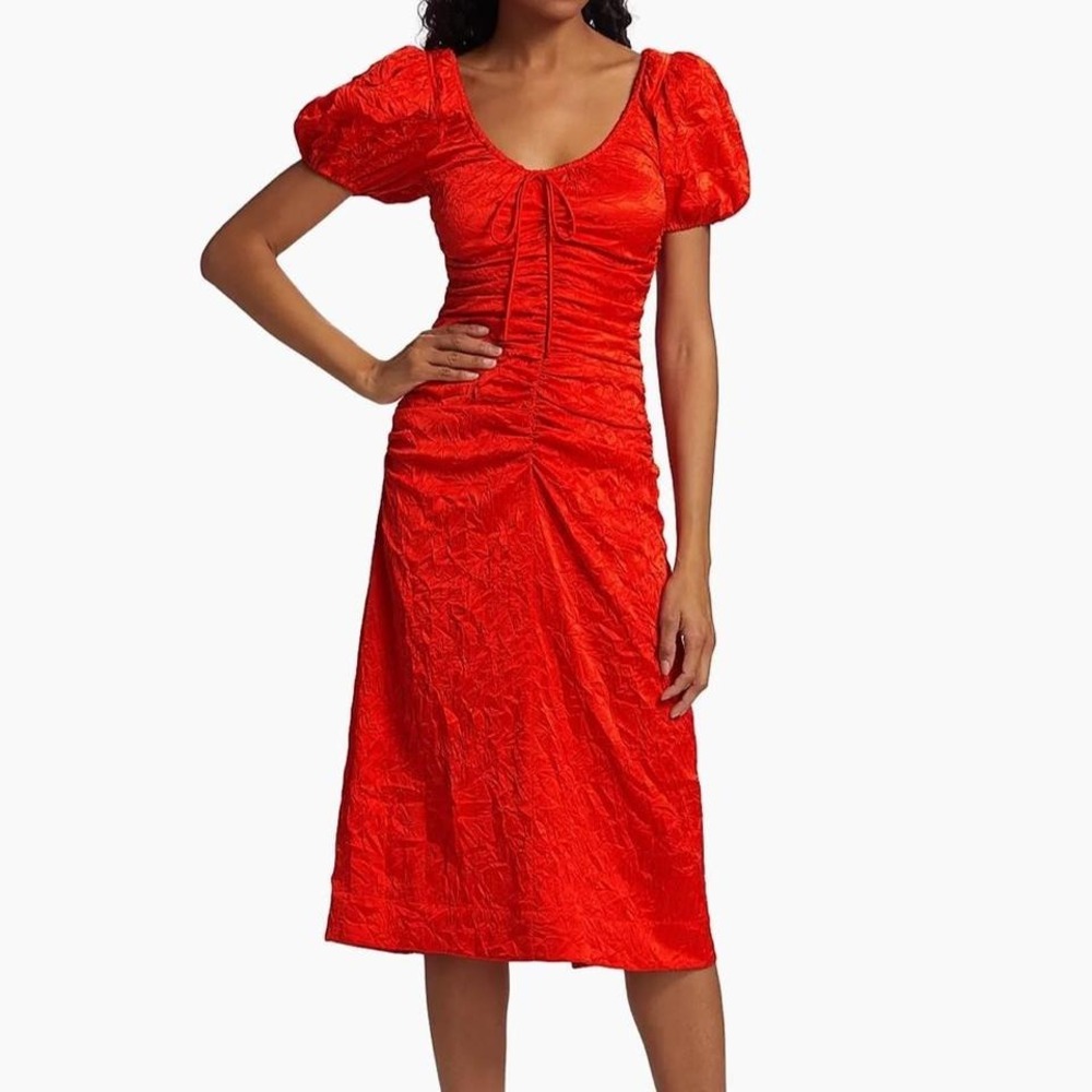 Ganni Ruched Crinkle Dress Women's Size 4 Red Orange Midi Cocktail Wedding Guest